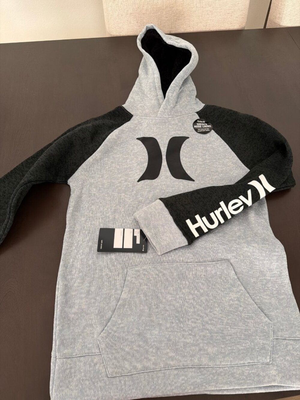Hurley Boys Hoodie Sherpa Lined Hood Grey Black Raglan Large 12-13 NWT